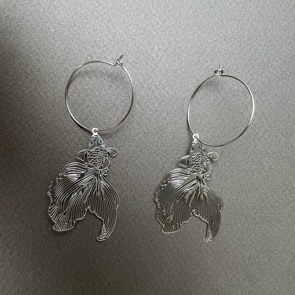 Oversized Silver Fish Hoop Earrings - Unique Statement Hoop Earrings - Picture 6 of 12